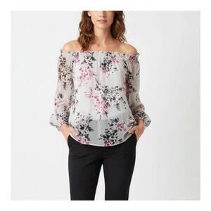 White House Black Market Silk Blend Womens Floral Off the Shoulder Blouse Medium